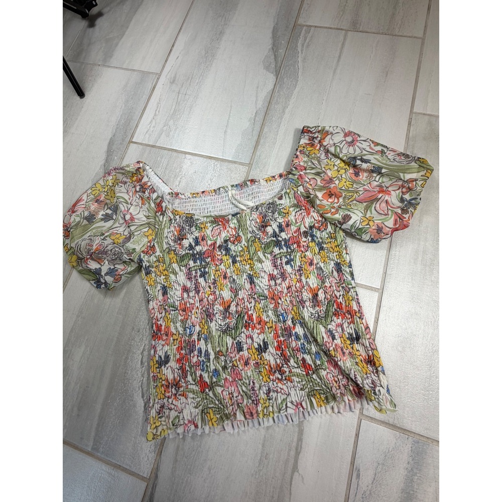 Anthropologie Floral Smocked Puff Sleeve Top Multi Color Square Neck Large